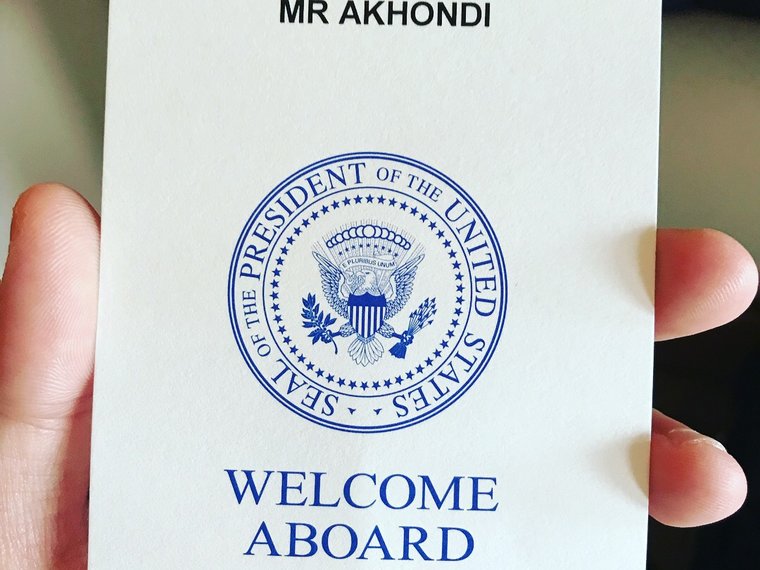 Air Force One welcome aboard card issued to Mr Akhondi